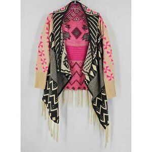 Aheero Aztec Colorful Knit Long Sleeve Fringe Cardigan Gray Cream Pink Women M/L